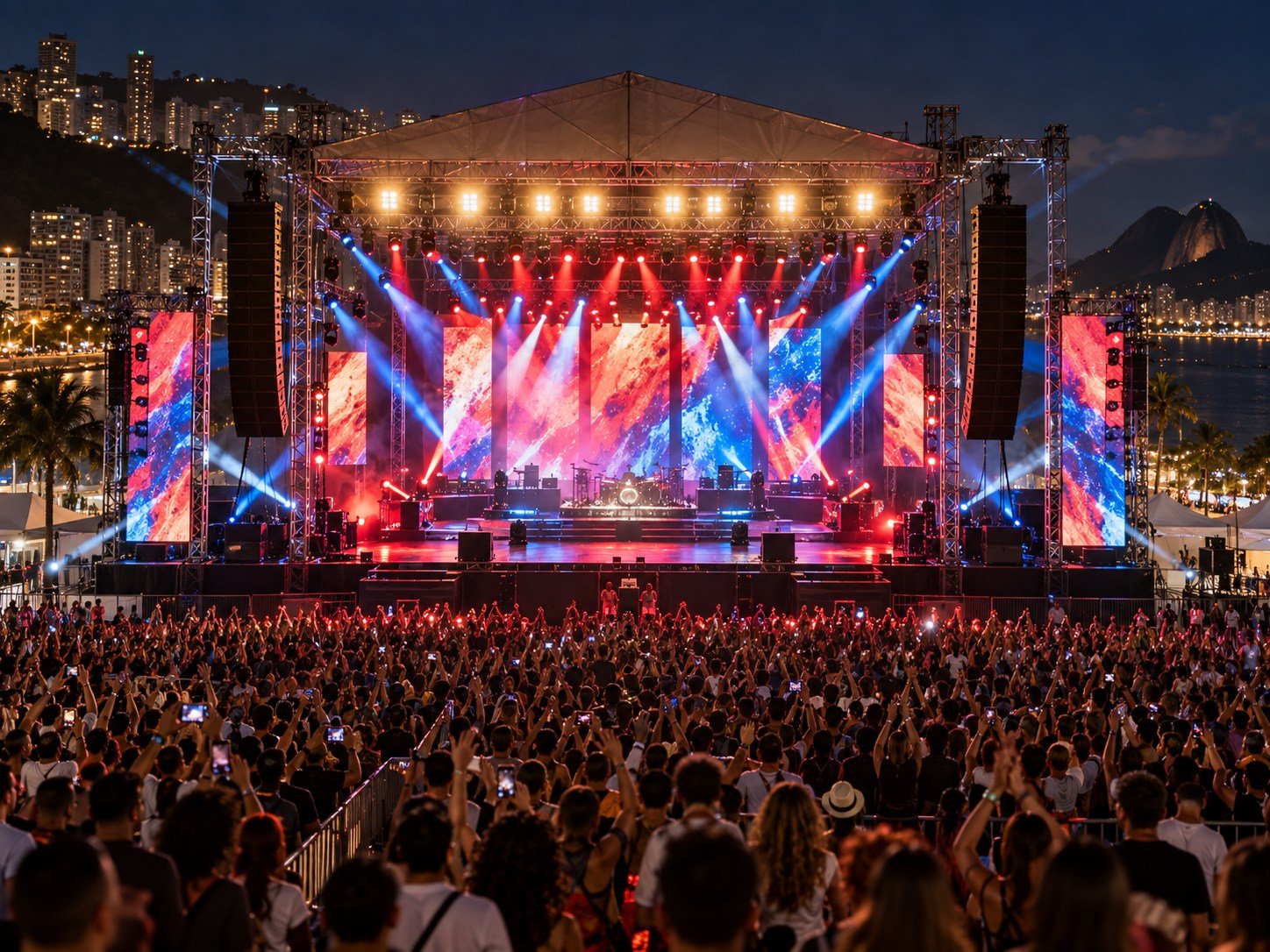 Estrutura completa de palco, som, luz e painéis de LED