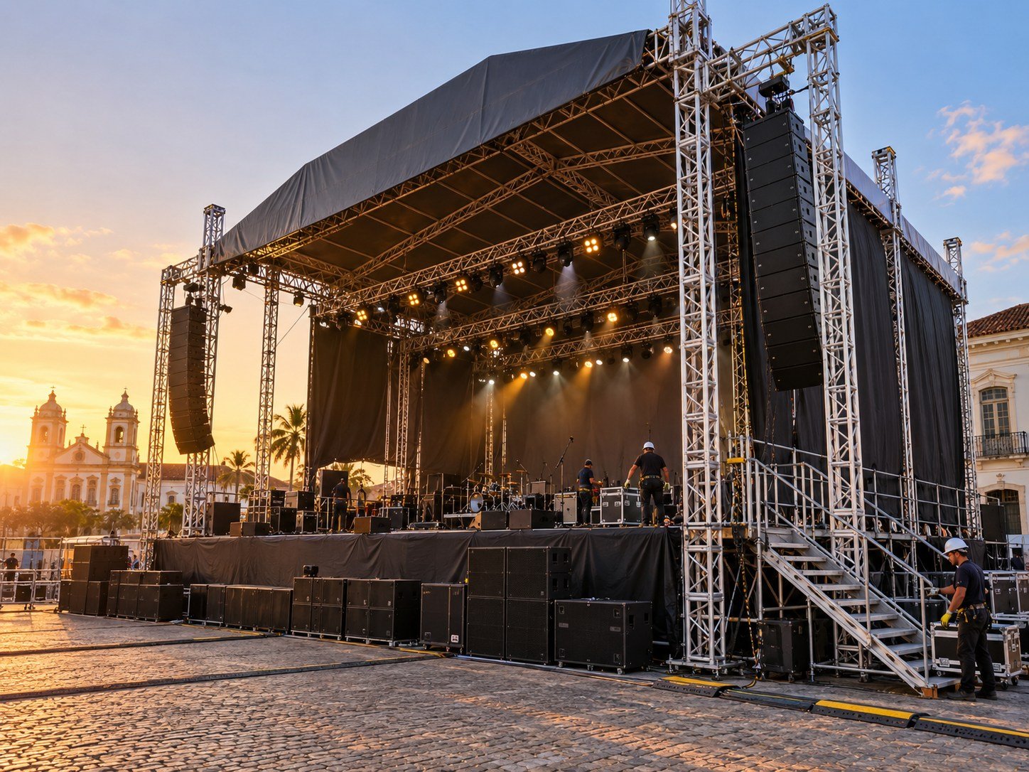 Palco coberto em treliça de alumínio montado em praça