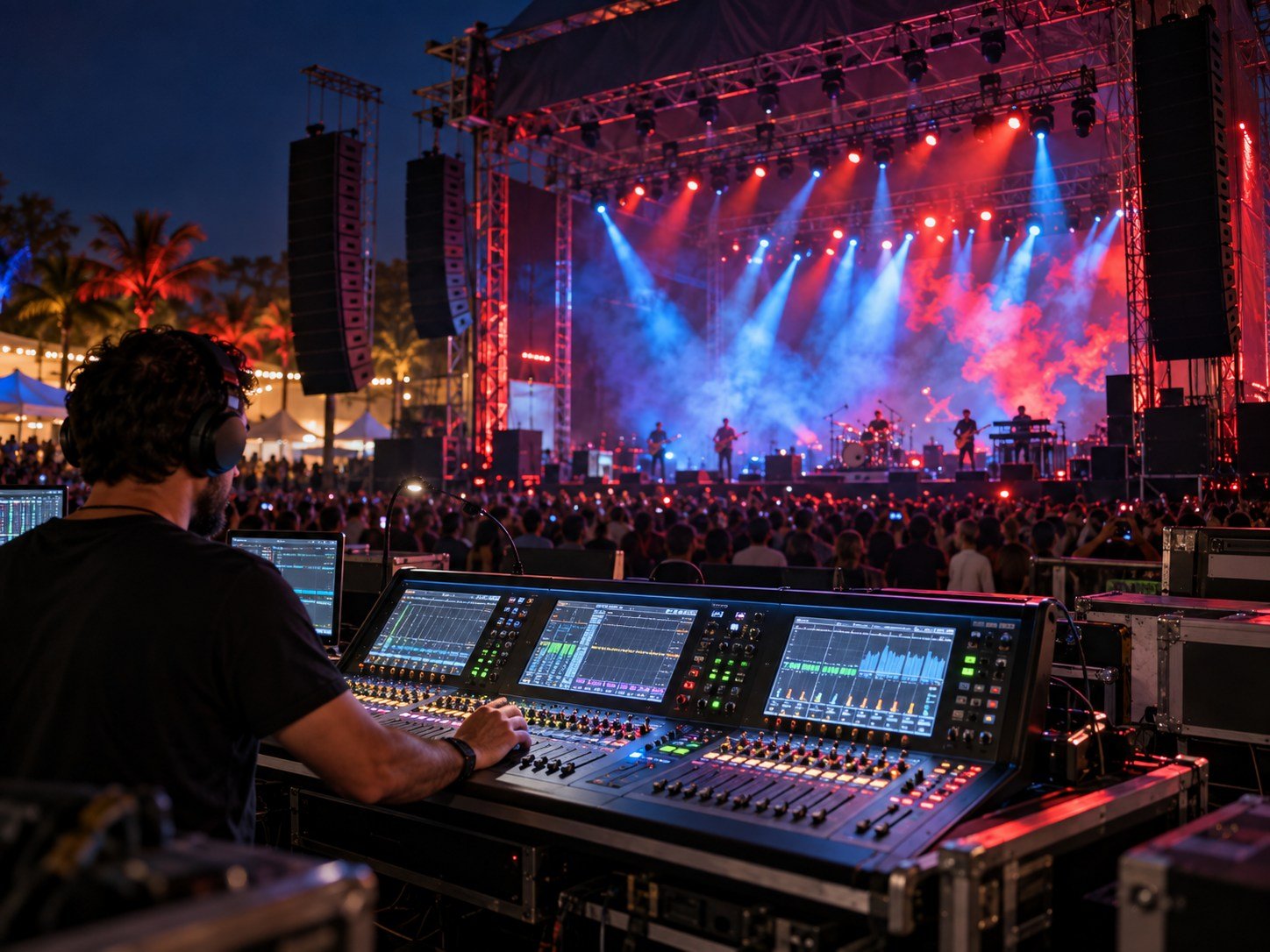 Técnico operando mesa de som em show ao vivo